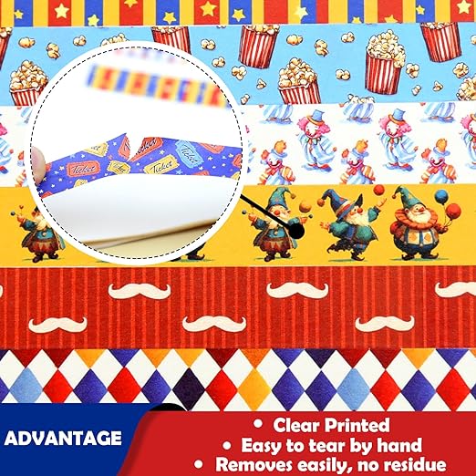 12 Rolls Circus Washi Tape Set, Vintage Carnival Cartoon Decorative Tape Tent Clown Tickets Masking Tape for Journaling Supplies, Junk Journal, Scrapbooking, DIY Arts & Crafts, Gift Wrapping