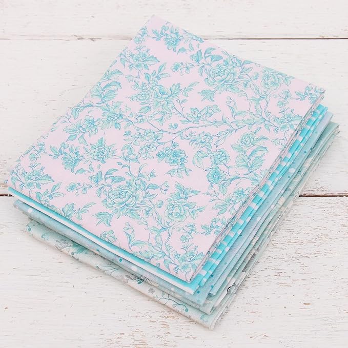 Threadart Exclusive 5 Fat Quarter Bundles - Light Aqua Vintage Prints 100% Cotton Fabric - Premium 100% Cotton Quilting Fabric - No Duplicates - Full Size Fat Quarters 18"x21" - Light Aqua