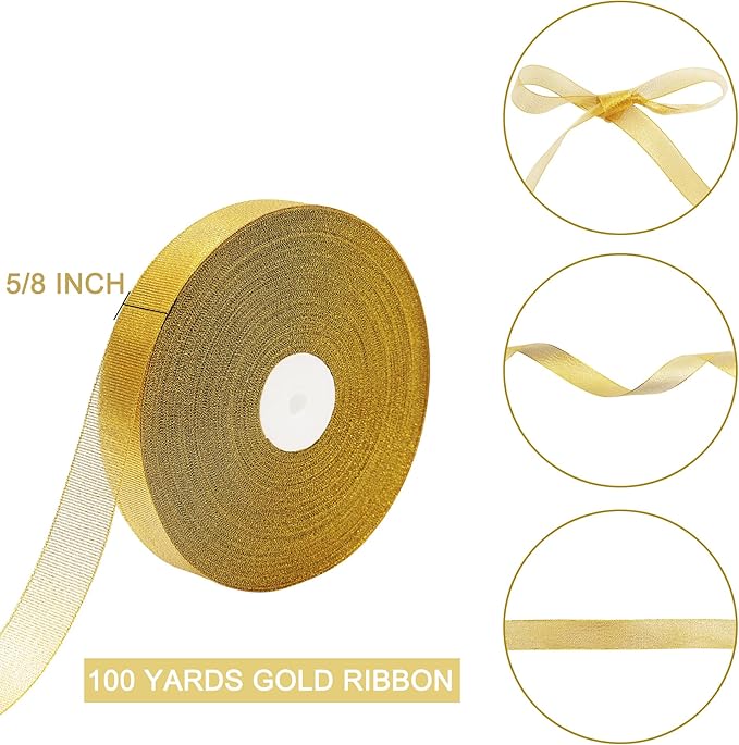 100 Yards Glitter Gold Ribbon 5/8 Inch, Sparkly Thin Solid Fabric Ribbon for Gift Wrapping, Crafts, Holiday Wedding Birthday Party Decoration Floral Bouquet, Metallic Gold Ribbon Roll