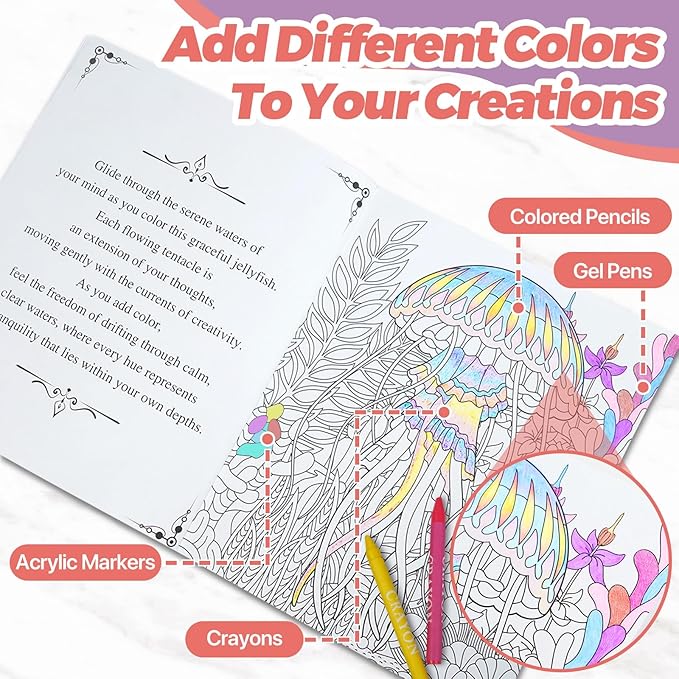 CONDA Coloring Book, 7.1 x 8.5 inches, 2 Books with Mindfulness Quotes, 96 Different Beautiful Patterns, Adult Coloring Book for Relaxation, Inspirational Books for Women Men