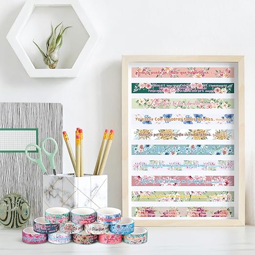 Janlaugh 24 Rolls Christian Washi Tape for Bible Journaling Gifts Bulk Religious Inspirational Scripture Supplies Spanish Floral Bible Verse Washi Tape for Study Crafting Spring Gifts Favors