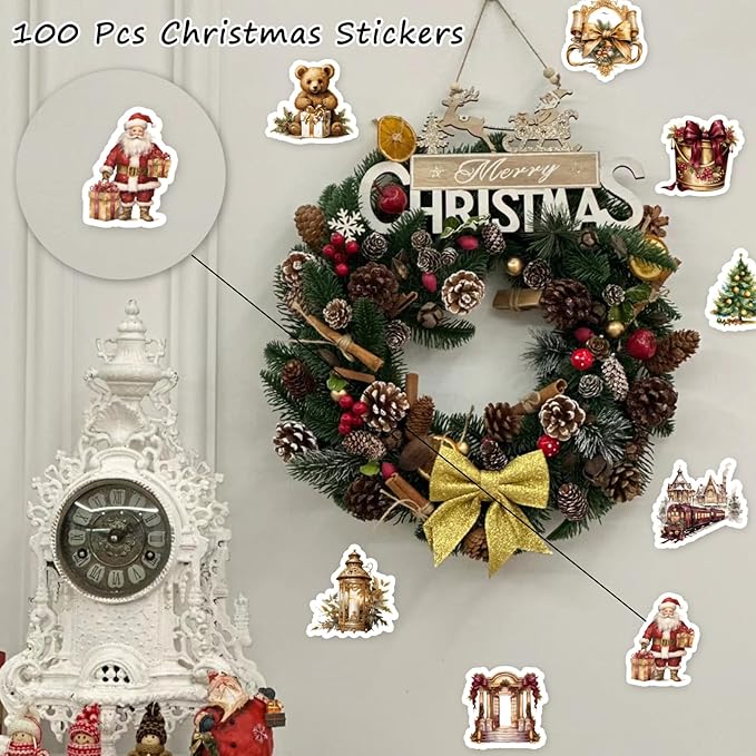 100 Pcs Vintage Christmas Stickers.Waterproof Santa Stickers for Scrapbook Junk Journal Collage DIY Crafts,Vinyl Winter Holiday Stickers for Water Bottles Laptops,Phone Case