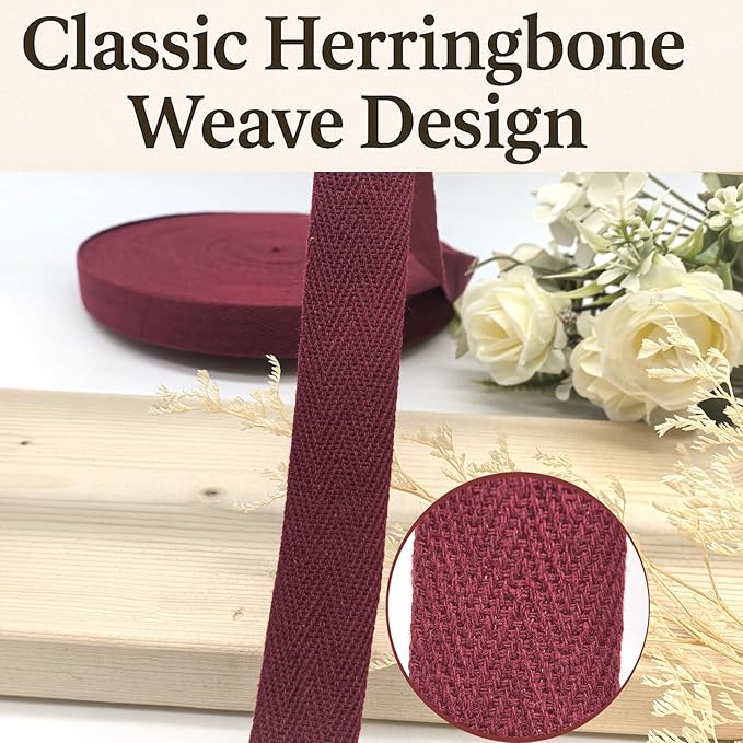 Wine Red Twill Tape 3/4 Inch Wide - 40 Yards Herringbone Cotton Webbing Bias Binding Tape for Sewing, Crafting, DIY Projects, Pet Collars, Gift Wrapping and Home Decoration