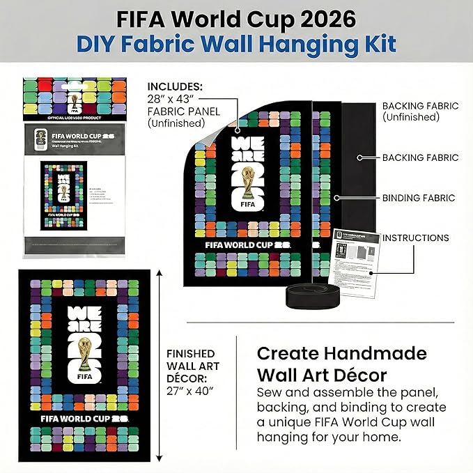 Northcott FIFA World Cup DIY Fabric Wall Hanging Kit – Soccer Fan Sewing Craft Project – Includes 28" x 43" Fabric Panel, Backing, Binding & Instructions – Create a 27" x 40" Handmade Wall Art Décor