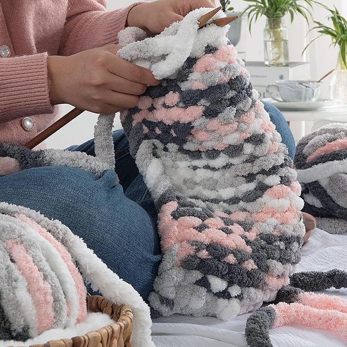 Hombys 8 Pack Giant Chunky Yarn for Crocheting/Hand Knitting - Super Bulky, Soft, Fluffy, Plush Fuzzy Yarn - Tie Dye, Mixed Color Thick Chenille - Dark Grey, Pink, White