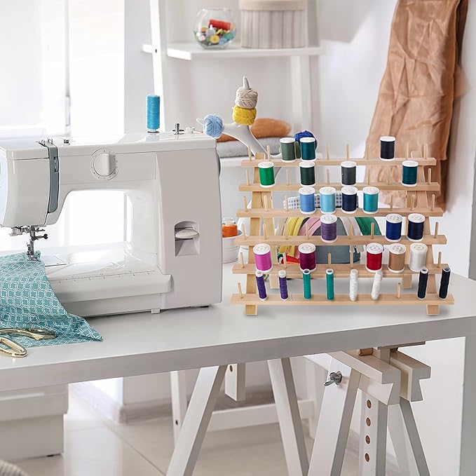 US Art Supply Premium 60-Spool Thread Holder: Wooden Sewing & Embroidery Thread Storage Organizer