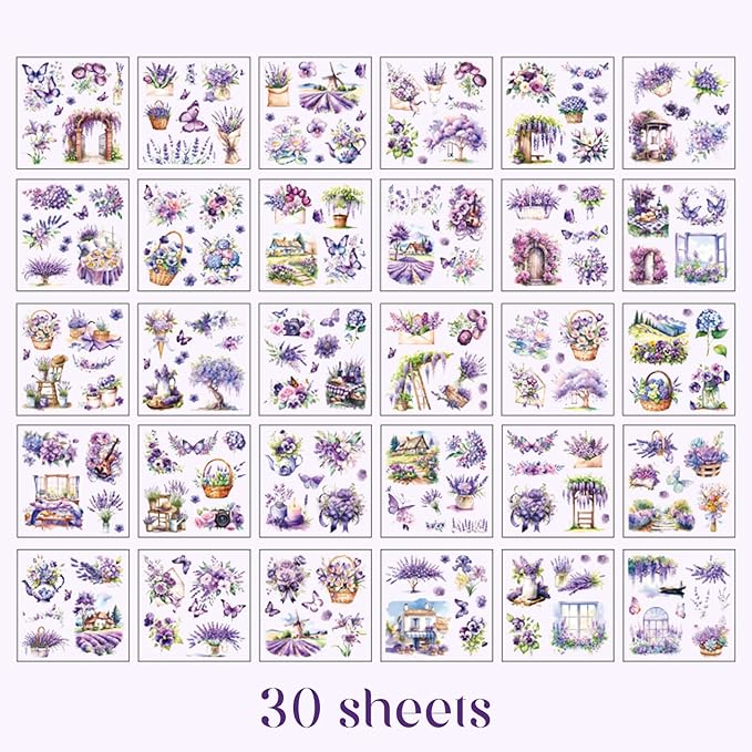Floral Stickers Set,30 Sheets Purple Waterproof PET Clear Flower Stickers for Scrapbooking Journaling Bullet Journal Junk Journal Supplies