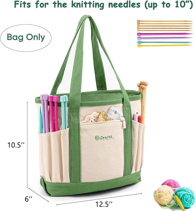 MYBAGZING Canvas Yarn Storage Organizer Bag Washable Crochet Bag with Pockets for Yarn, Hooks, Needles – Travel Knitting Tote for Crafters – Gift for Crocheters & Knitters (Medium/Large)