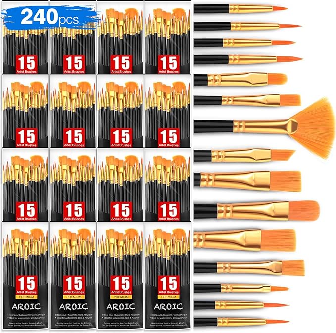 AROIC Acrylic Paint Brush Set,16 pack/240pcs Nylon Hair Oil Watercolor Rock Face Painting Artist Painting Brushes, 15 Sizes Paint Brush Set for All Purposes Kids Adult Arts Painting Brush Supplies.