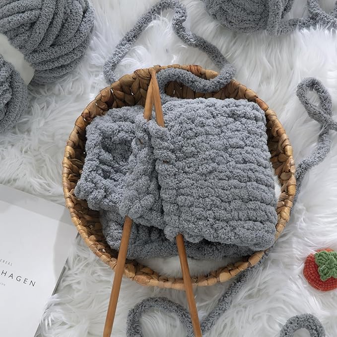 HOMBYS Grey Chunky Chenille Yarn for Hand Knitting,Fluffy Soft Jumbo Yarn Crocheting,Super Bulky Big Yarn for Chunky Blanket,Large Thick Arm Knitting Yarn,8 Pack Plush Fuzzy Yarn