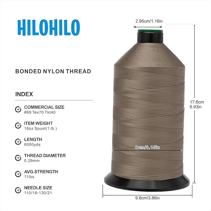 Extra Strong Bonded Nylon Thread #69 Tex70 – 16 OZ, 6000yds, Versatile Stitching Solution for Leather, Upholstery, Canvas Repair and More (Khaki)