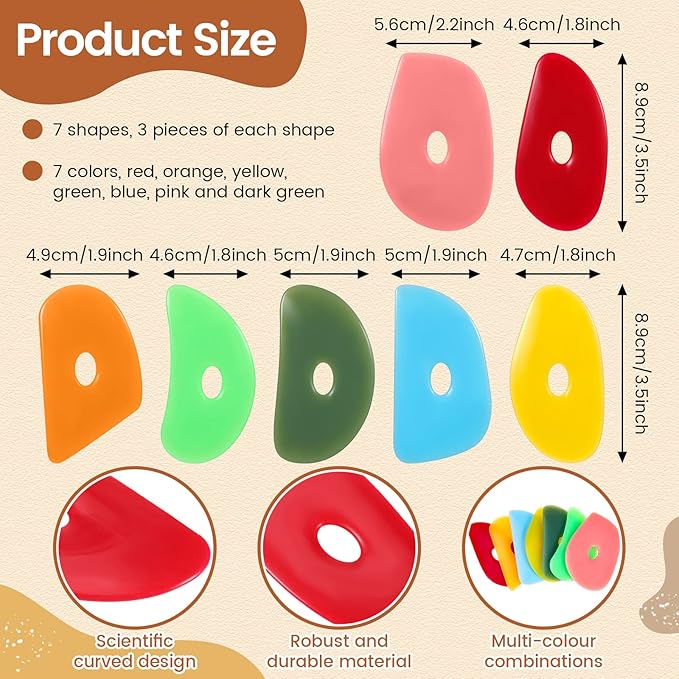 Sherr 21 Pcs Soft Ribs for Pottery Clay Silicone Rib Ceramics Tools Pottery Rubber Clay Ceramic Ribs for Adult DIY Smooths Shapes Sculpting Tools, 7 Styles(Bright Color,Classic Style)