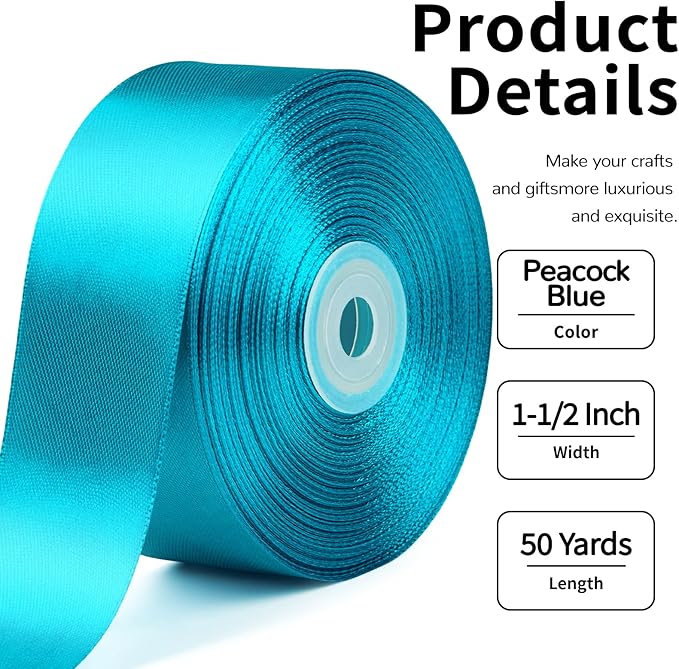 1-1/2 Inch Wide Peacock Blue Satin Ribbon, 50 Yards Solid Polyester Fabric Ribbon for Roses Making, Gift Wrapping, Christmas, Wedding Decorations, Crafts, Bows, Flower Bouquets