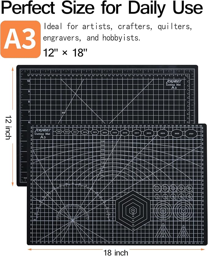 Density-upgraded 18"x12" Self Healing Cutting Mat, Idemeet Rotary Sewing Mat for Crafts, 5-Ply Blade Table Protector Cut Board for Fabric Leather Cutting Quilting Modeling Hobby Project, A3, Black
