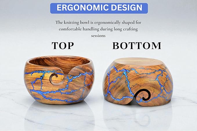 Large Yarn Bowl for Crocheting, Indian Rosewood Knitting Wooden Large Yarn Bowl Holder, Handmade Crocheting String Storage Holder, Knitting Crochet Accessories. (Brown + Blue Resin)