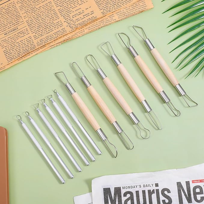 12PCS Double-Sided Clay Sculpting Tools, Wooden Handle Clay Carving Tools Clays Wire Loop Sculpture Set Clays Pottery Sculpting Tool Set for Ceramic, Carving Modeling