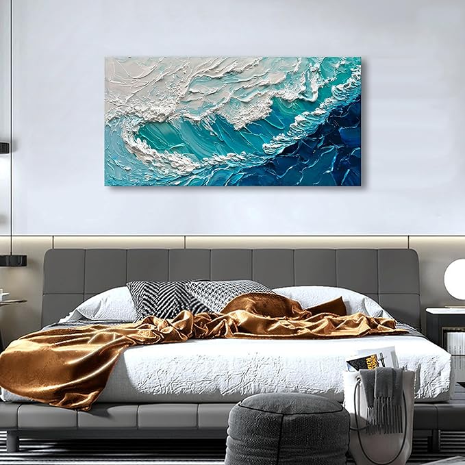 NANKAI 24x48 Inches Blue Thick Texture Abstract Oil Painting Hand-Painted Ocean Landscape Oil Painting Home Wall Art Deco