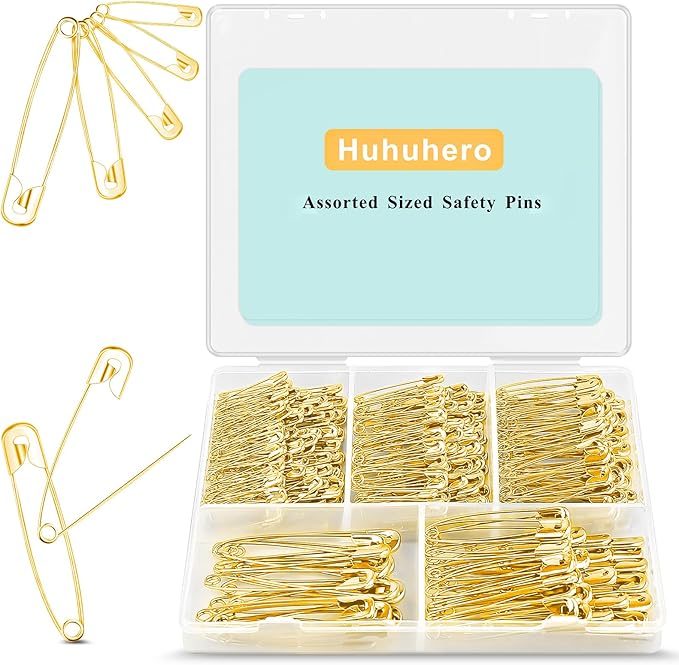 Safety Pins Assorted, 340 Pack 5 Different Sizes Small and Large Safety Pin for Clothes Costume Sewing, Nickel Plated Steel, Arts and Crafts Supplies, Gold