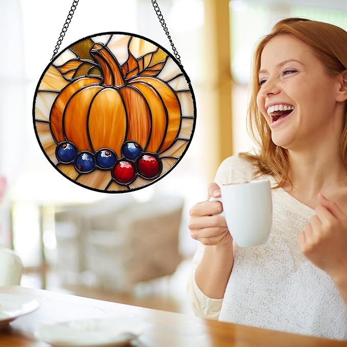 Stained Glass Window Hanging Fall Pumpkin Berries 6.3" - Suncatcher Door Garden Kitchen Sunroom Sun Catcher Autumn Home Decor Birthday for Mom Grandma Men Woman