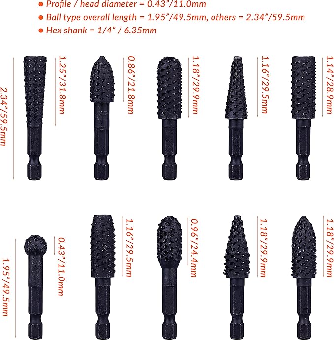 NordWolf 10-Piece Rotary Burr Wood Carving Rasp Files Set, with 1/4" Hex Shank for Wood & Rubber Deburring, Shaping and Grooving