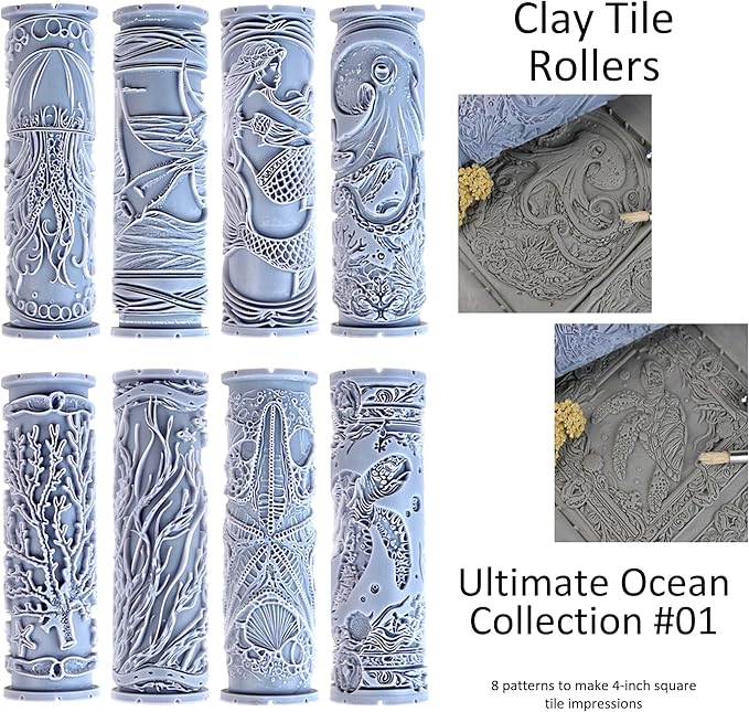 Ultimate Ocean Clay Texture Rollers 8-Set (4") - Ocean Set #01 - Embossing Pattern Rollers for Polymer & Ceramic Clay, Pottery & Crafts