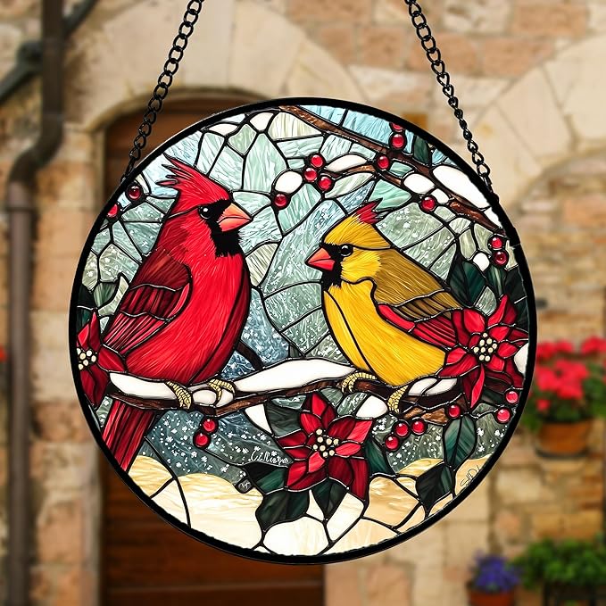 Stained Glass Window Hanging, Love Birds Cardinals Sun Catchers Colorful Glass Panel Birds Suncatcher Decor for Birthday for Women, Men, Wife, Lovers, and Mom 7.8 in