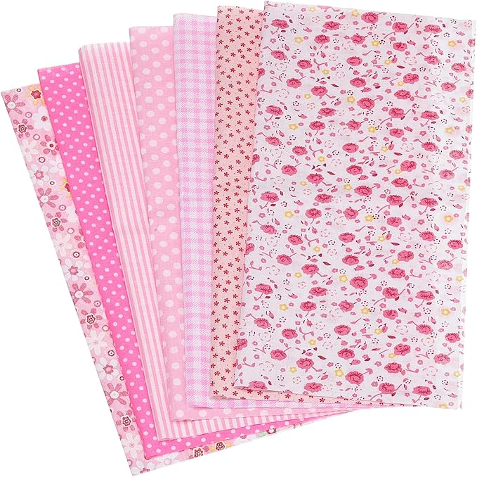 PATIKIL Cotton Fabric Bundles, 7 Pcs 10 x 10 Inch Pure Cotton Fat Quarter Floral Printed Precut Fabric Squares for Sewing Patchwork Quilting DIY Crafts, Pink