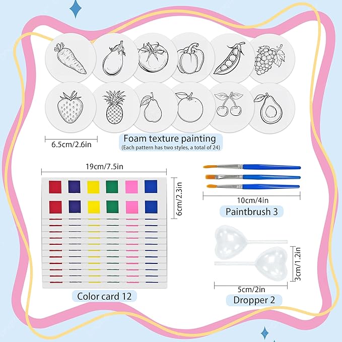 Zariocy Magic Foam Texture Painting Kit - Including 24 Pcs Foam Texture Paper, 2 Dropper, 3 Brushes & 12 Color Cards, 3D Magic Puffy Paint Kit, Art for Craft Lovers (Vegetables Fruits)