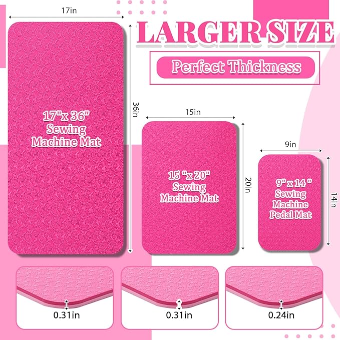 3 Pcs Sewing Machine Muffling Mat Pedal Mat Sewing Machine Pad No Slip Rubber Stay in Place Mats for Calms Vibration(Pink,15 x 20 Inch,14 x 9 Inch,17 x 36 Inch)