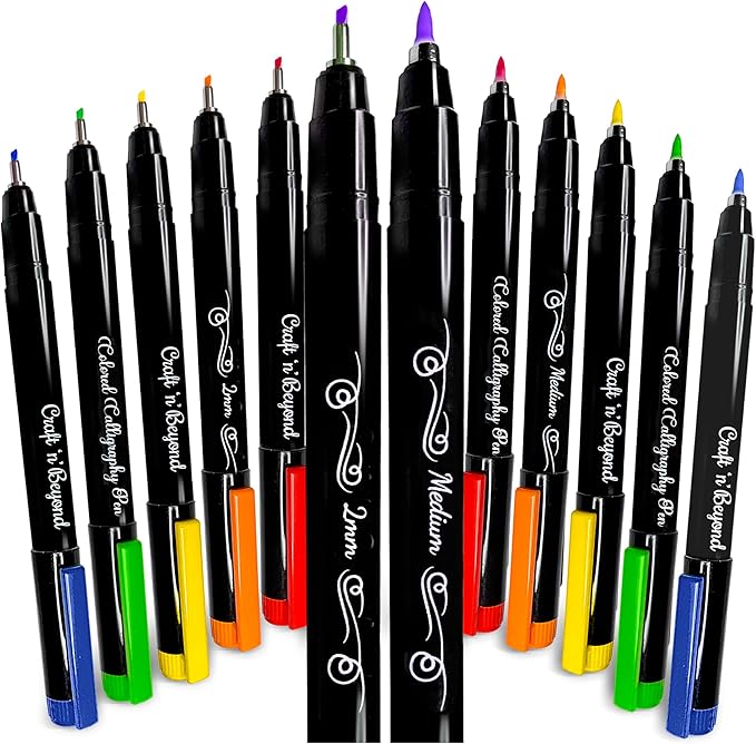 Craft 'n' Beyond Colored Calligraphy Brush Pens Waterproof Pack of 12 Markers for Hand Lettering, Art Drawing, Sketching, Scrapbooking, Writing, Journaling tip - Beginner Kit with Fadeproof Ink