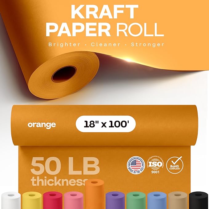 18" x 1200" (100 ft) Orange Kraft Paper Roll - USA-Made Quality Orange Craft Paper for Gift Wrapping, Kids' Arts & Crafts, School Projects - Natural Material 50lb Thickness by IDL Packaging