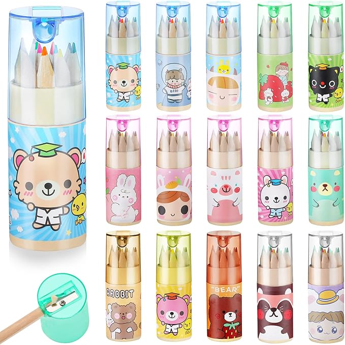Fumete 15 Pack Mini Colored Pencils Bulk with Sharpener 12 Colors, Portable Pencil Tube Set for 100th Day of School Gifts & Valentine Exchange Kids Party Favors Classroom School Supplies