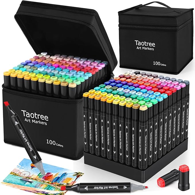 Taotree Alcohol Markers Set 100 Colors with Case & Holders, Dual Tips Art Coloring Markers Pens, Chisel & Fine Sketch Pens, Art Supplies for Adult Coloring Books Artist Painting, Drawing, Sketching