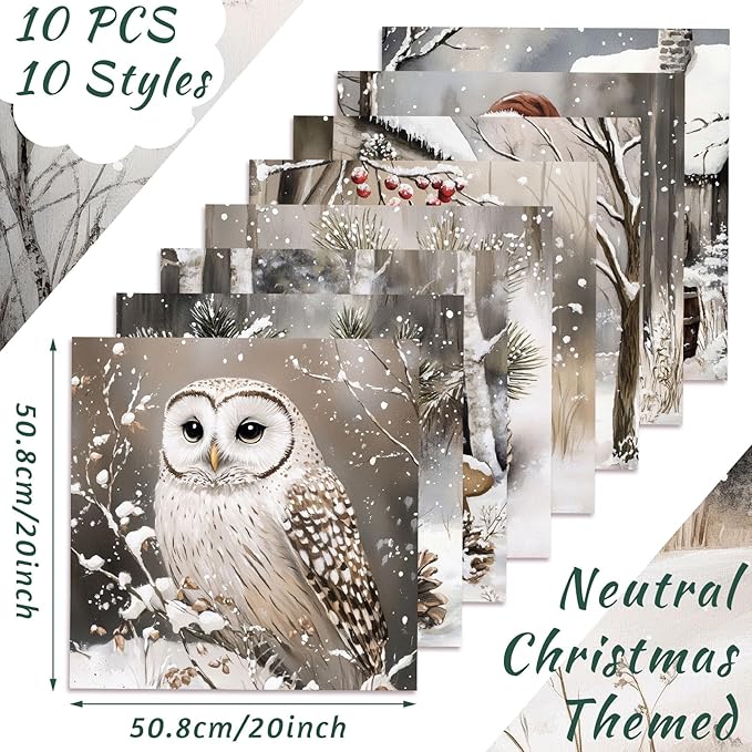 Hahafelt 10 Pcs Winter Quilting Fabrics Bundles 20 x 20 Inch Snowflake Snowman Neutral Square Fat Quarters Vintage Fabric by The Yard Precut Sewing Patchwork for Winter Holiday DIY Craft Decor