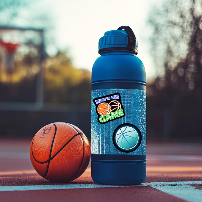 70 PCS Neon Basketball Water Bottle Stickers for Kids, Glow in The Dark Vinyl Decals for Laptop Skateboard Phone Case, Teens Adults Boys Girls Colorful Sports Decor