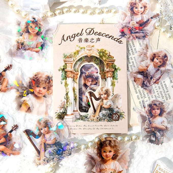 60-Piece Vintage Holographic Cherub Angel Fairy Scrapbook Stickers – Waterproof Transparent Decorative Sticker Pack for Journals, Planners, DIY Crafts, Gifts & Albums, Scrapbooking & Cardmaking
