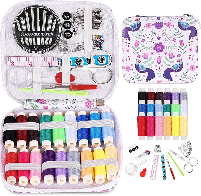 VINTAGE EMBROIDERY V.E. Travel Sewing Kit with Bag - Portable Sewing Supplies for Traveler, Adults, Beginner, Emergency,Contains Thread, Scissors, Needles, Tape Measure and Other Accessories (White)
