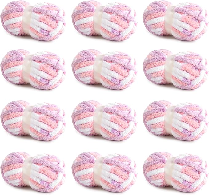 HOMBYS 12 Pack Giant Chunky Yarn for Crocheting & Knitting, Super Bulky Soft Fluffy Tie Dye Plush Fuzzy Mixed Color Thick Chenille Yarn (Pink, Purple)