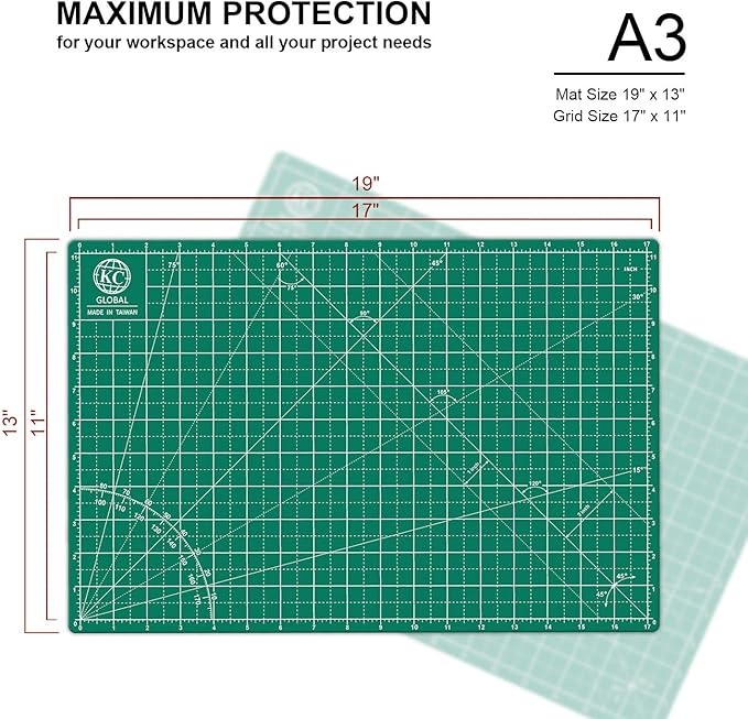 KC GLOBAL A3 (18"x12") Self-Healing Cutting Mat (Dark Green) - Sturdy, Reversible, Eco-Friendly, Non-Slip. Premium Desk Mat for Crafters, Quilters, and Hobbyist