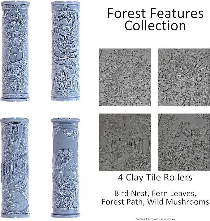 Forest Features Collection 4-Pack Clay Texture Rollers (4") - Forest Set #01 - Embossing Pattern Rollers for Polymer & Ceramic Clay, Pottery & Crafts