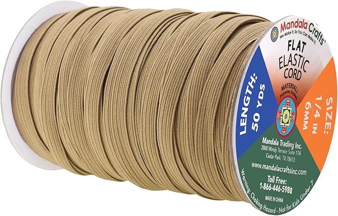 Mandala Crafts 6mm 50 Yds Roll of Dark Khaki Elastic Bands for Sewing - 1/4 Flat Elastics Cord - 1 4 Inch Braided Stretch Straps for Crafting