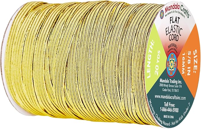 Mandala Crafts 16mm 20 Yds Roll of Metallic Gold Elastic Bands for Sewing - 5/8 Flat Elastics Cord - 5 8 Inch Braided Stretch Straps for Crafting