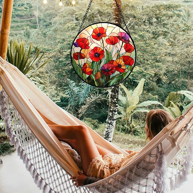 Stained Glass Window Hanging - Poppy Birth Flowers Suncatcher for Door Garden Yard Wildflowers Sun Catchers Decor Christmas Mother's Day Birthday Gifts for Women Mom Nana Friend 6.3 in