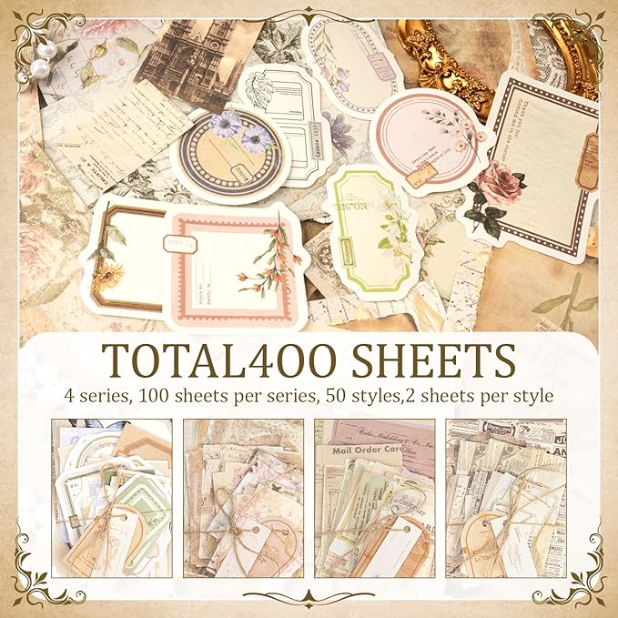 400Pcs Scrapbook Supplies Kit,4 Pack Vintage Decorative Paper Scrapbooking Supplies for Bullet Journal, Junk Journal, Planner, Collage Card Making，Retro Crafts，Aesthetic DIY Craft Embellishments