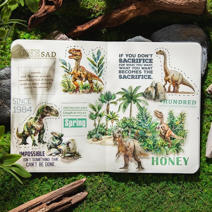 60 PCS Large Jurassic Dinosaur Clear Stickers for Scrapbooking, Planner, Watercolor Prehistoric Volcano Forest Dinosaur Vinyl Decals for Teens Adults Crafts, Journaling