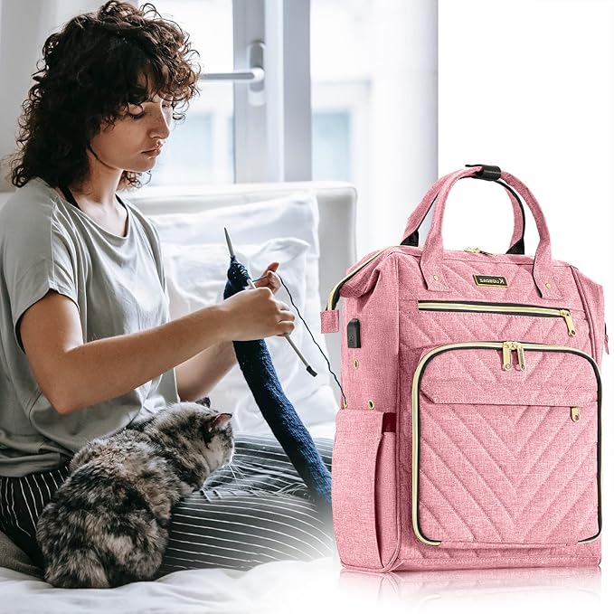 Kuosdaz Knitting Bag Backpack, Crochet Bag Tote, Yarn Organizer with USB Charging Port, Christmas Gifts Large Travel Crochet Storage Tote for Crochet Hooks, Knitting Needles, Yarn Supplies, Pink