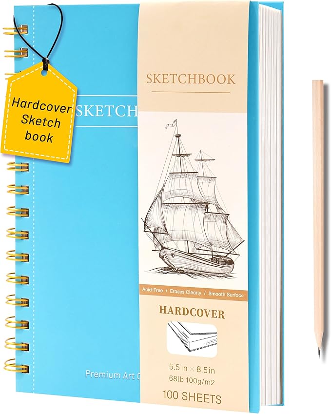 Yoment 5.5" x 8.5" Sketch Book Small Sketchbook for Drawing 100 Sheets Hardcover Spiral Sketch Pad for Kids(68lb/100gsm) Art Sketchbook Drawing Blank Paper Book for Beginners Artists with Pencil Blue