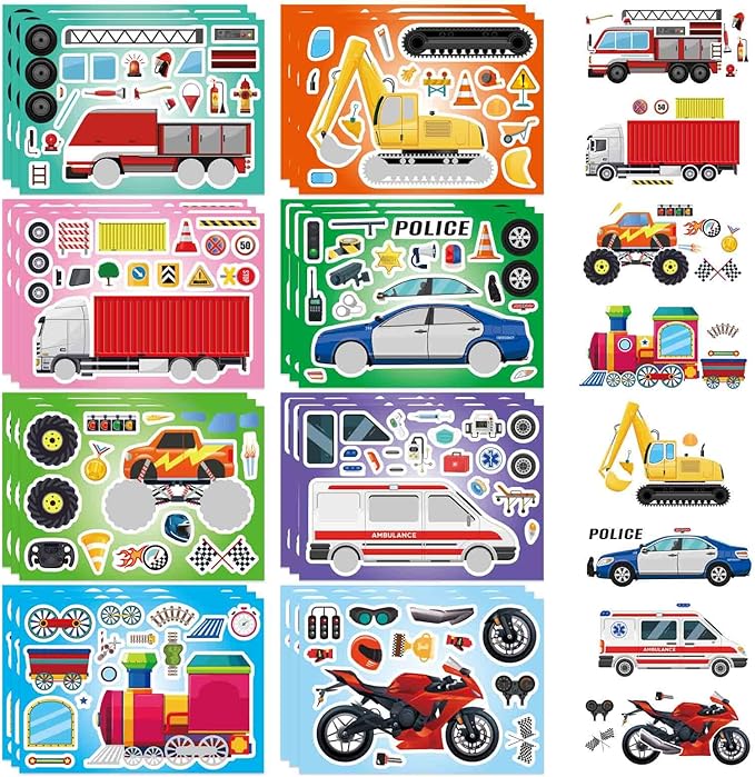 DUJAA 24 Sheets Vehicle Stickers for Kids, Make Your Own Police Car, Ambulance, Truck, Train, Motorcycles Engineering Vehicle Stickers for Toddlers, Brithday Party Supplies Classroom Teacher Reward