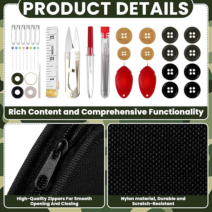 Suncalla Military Survival Sewing Kit Tactical with Buttons Durable Nylon Portable Small Sewing Kit for Men Women Complete Thread Needle Repair Tools for Travel Field Emergency(Black,1)