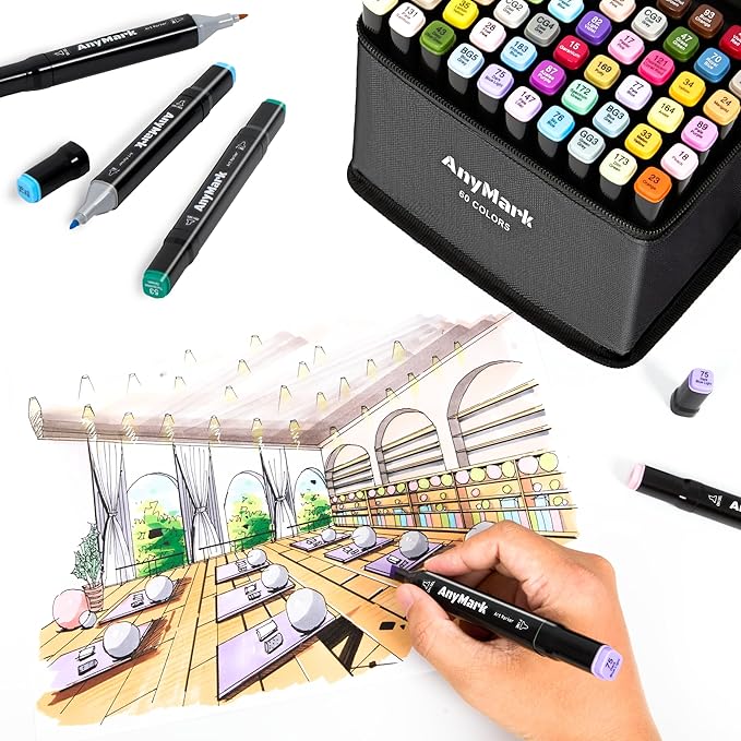 AnyMark Alcohol Markers, 48 Colors Dual Tip Art Coloring Markers Set for Adult Book Drawing Sketching Painting, Chisel & Fine, Black Penholder